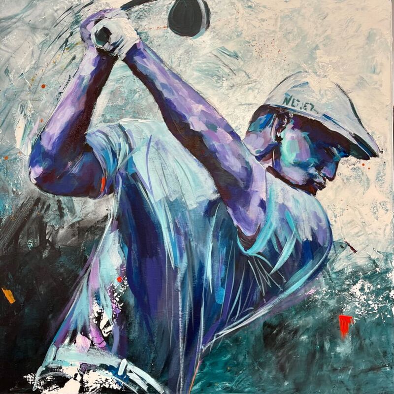 Golf, Sport, Abschlag, Golfabschlag, acryl, acrylbild, blau, vigolett, Golfschlag, silvia lehmann, kunst, pga tour, Schweiz