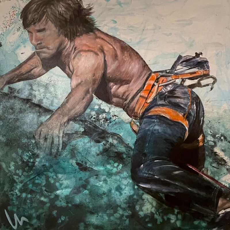 Acrylbild, Silvia Lehmann, Bouldern, Sportkunst, Sport, Auftragsmalerei, Sportbilder, Bild malen lassen, Frau auf Acrylbild, Boudern auf Bild