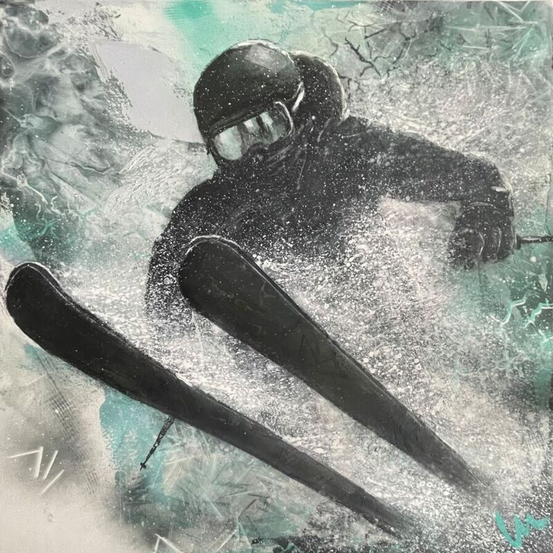 Arcyl, Acrylbild, Skifahrer, Sport, Silvia Lehmann, Bild malen lassen, Auftragskunst