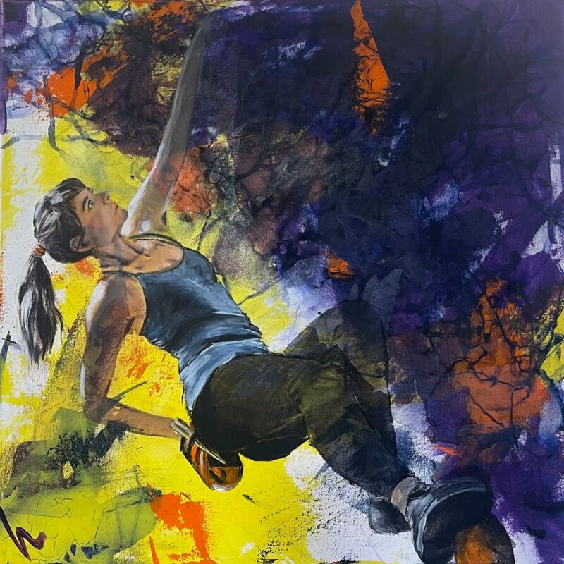 Acrylbild, Silvia Lehmann, Bouldern, Sportkunst, Sport, Auftragsmalerei, Sportbilder, Bild malen lassen, Frau auf Acrylbild, Boudern auf Bild