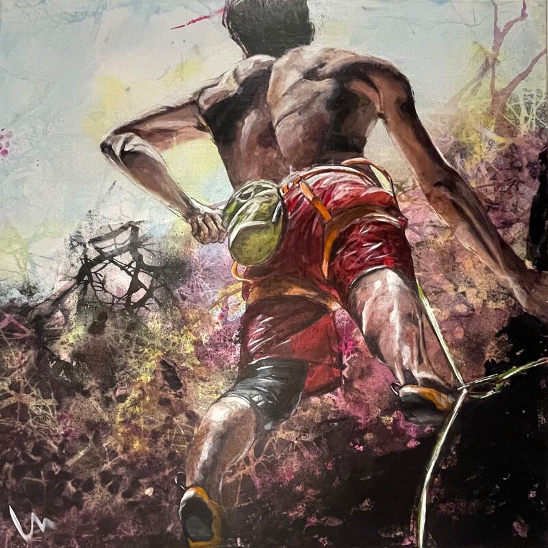 Acrylbild, Silvia Lehmann, Bouldern, Sportkunst, Sport, Auftragsmalerei, Sportbilder, Bild malen lassen, Frau auf Acrylbild, Boudern auf Bild