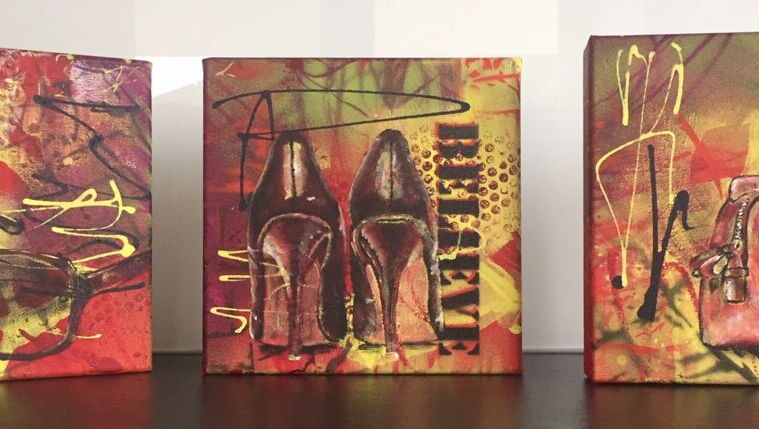 PinkRibbon, Auktion, Kunst, Silvia Lehmann, Veranstaltung, Linda Fäh, Acrylbilder Brille, Schuhe, handtasche