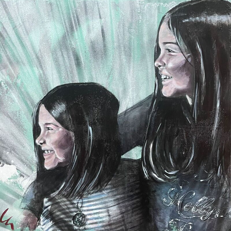 Silvia Lehmann, Auftragsmalerei, Acryl gemalt, Bild malen lassen, Portrait, Girls, grün, Familienglück, malen